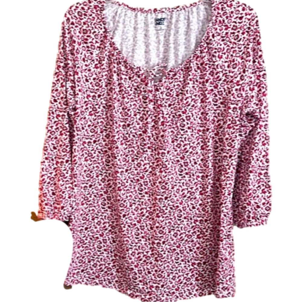 LANDS END Size L Red and White Floral Tie Top 3/4 Sleeve